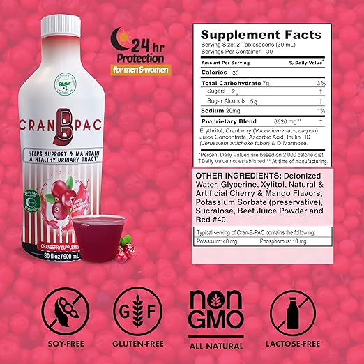 Nutritional Designs Cran-B-PAC Cranberry Supplement, Urinary Tract Health for Women Cranberry Concentrate Liquid with Vitamins, UTI Prevention for Women, Natural & Non GMO, 36mg PAC, 30 Oz Bottle