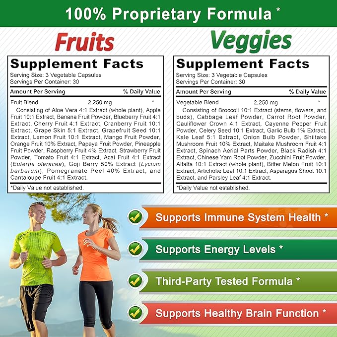 aSquared Nutrition Fruits and Veggies Supplement - 90 Veggie & 90 Fruit Capsules - Superfood Vegetable Greens Vitamins Pills - Nature's Super Food Alternative to Powder & Gummies