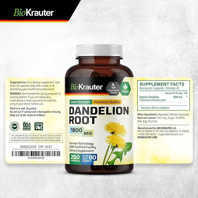 BIO KRAUTER Dandelion Root Supplement - 1800 mg Strength - 250 Count - Dandelion Root Capsules - Vegan Capsules for Liver Support & Immunity