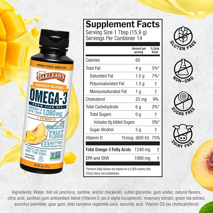 Barlean's Mango Peach Omega 3 Fish Oil Liquid Supplement with Vitamin D, 1080mg EPA & DHA Fatty Acid, Smoothie Flavored & Burpless for Brain, Joint, & Heart Health, 8 oz
