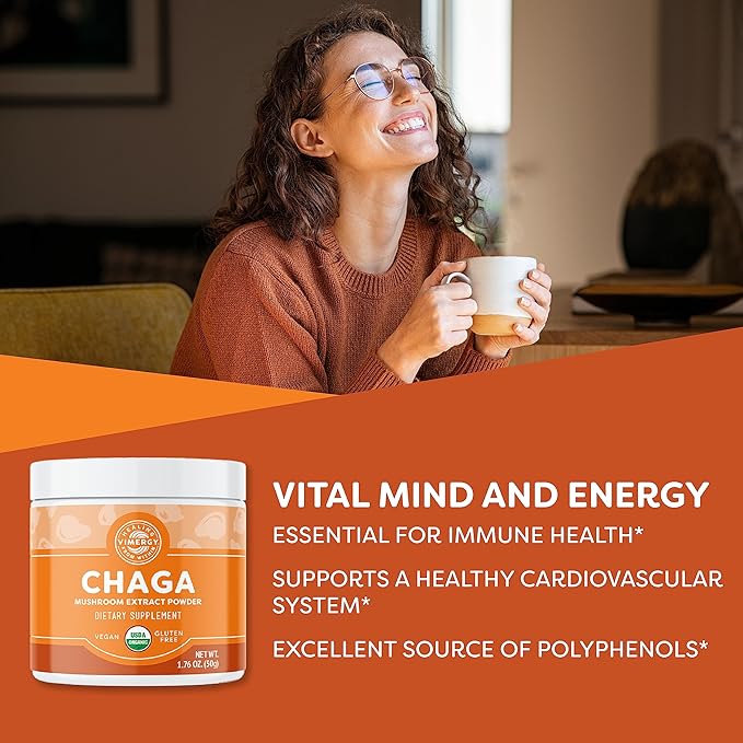 Vimergy USDA Organic Wild Chaga Mushroom Extract Powder, 33 Servings – Ideal in Chaga Tea, Coffee, Smoothies – Cardiovascular Support - Kosher, Vegan, No Gluten, Paleo - Pure Chaga, No Fillers (50g)