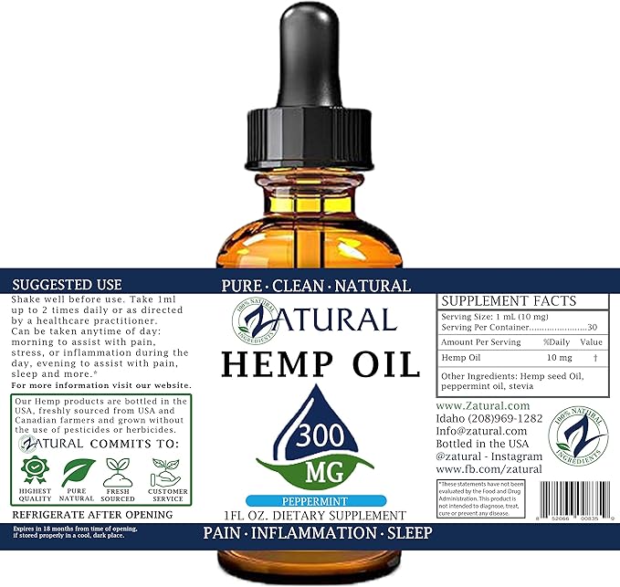 300mg Zatural Hemp Oil Drops: Hemp Seed Oil | Rich in Omega 3 & 6 (300mg Peppermint)