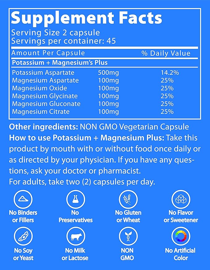 Life Strength Potassium & Magnesium Complex with Aspartate, Oxide, Glycinate, Gluconate & Citrate - 1000mg (90 Capsules)