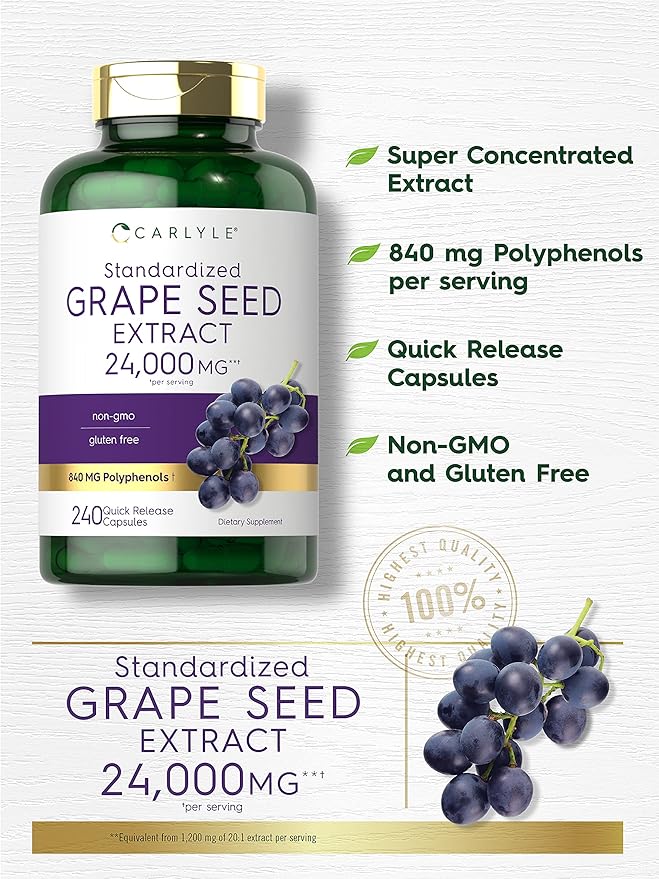 Carlyle Grape Seed Extract 24,000 mg Equivalent 240 Capsules | Maximum Strength Standardized Extract | Non-GMO, Gluten Free