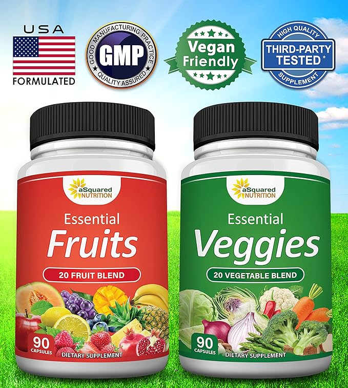 aSquared Nutrition Fruits and Veggies Supplement - 90 Veggie & 90 Fruit Capsules - Superfood Vegetable Greens Vitamins Pills - Nature's Super Food Alternative to Powder & Gummies