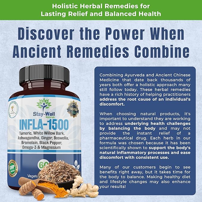 Infla-1500 All-Natural Relief Supplement Extract Blend with Turmeric, White Willow Bark, Ashwagandha, Ginger, Boswellia, Bromelain, Omega-3 and Magnesium-60ct