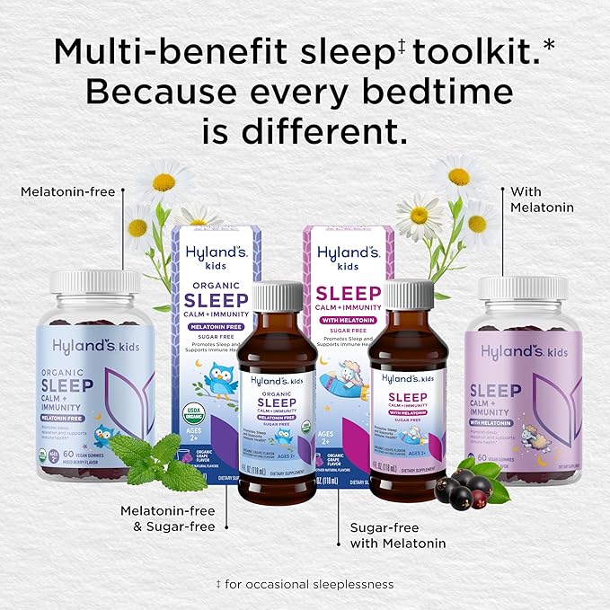 Hyland's Kids Melatonin-Free Organic Sleep Calm and Immunity Liquid, Sugar-Free, Promotes Sleep and Supports Immune Health, Ages 2 and up, Grape Flavor, 4 Fl. Oz.