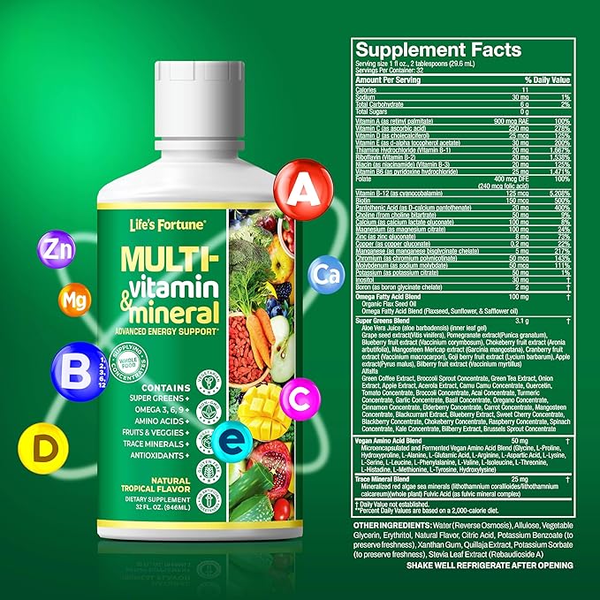 Life's Fortune Liquid Multivitamin for Men, Women & Teens, High Absorption Vitamins with Biotin, Vitamin C, D3, Minerals | Non-GMO, No Sugar Added | Supports Hair, Body Health & Energy | 32 oz