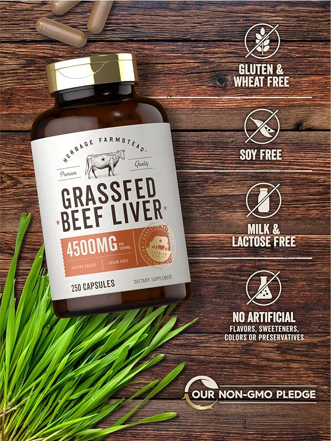 Carlyle Grass Fed Beef Liver Capsules 4500mg | 250 Count | Desiccated Supplement | Non-GMO, Gluten Free | by Herbage Farmstead