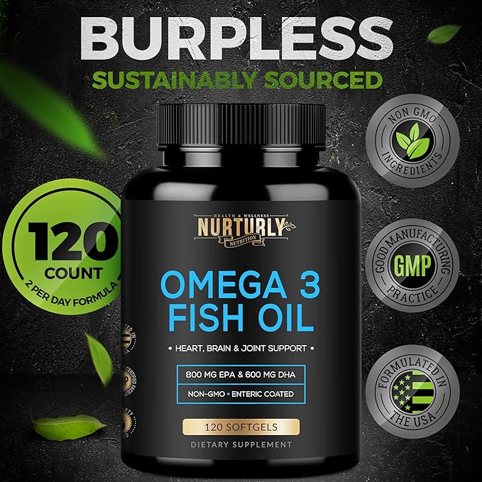 Omega 3 Fish Oil 2000mg, 800mg EPA and 600mg DHA - Enteric Coated and Burpless - Supports Brain, and Heart - Burpless, Non-GMO, 3rd Party Lab Tested and NSF Certified - 120 Softgels