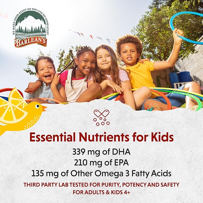 Barlean's Omega Pals Chirpin' Slurpin' Omega 3 for Kids, Yummy Lemonade Flavored Children's Liquid Fish Oil Supplement with 540 mg of EPA and DHA for Brain and Eye Health, 8 oz