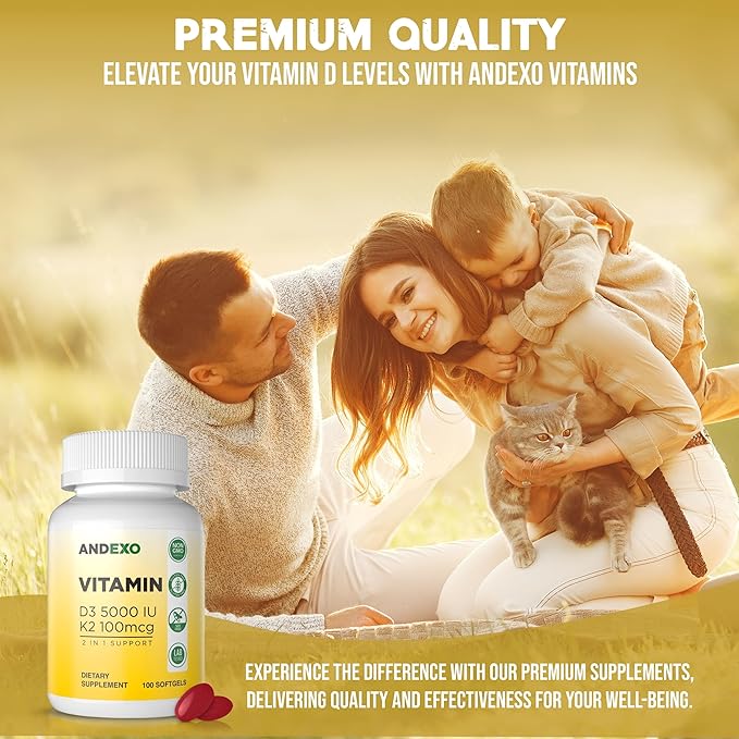 Vitamin D3 5000 IU with K2 100 mcg, 100 Soft-Gels for Healthy Muscle Function, 2 in 1 Support Immune, Optimal Calcium Absorption. Non-GMO, Gluten-Free, Soy-Free, Dairy-Free.