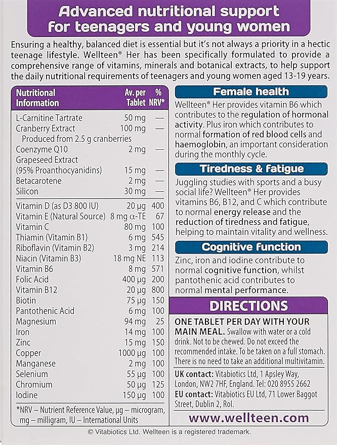 Vitabiotics Wellteen Her - Nutritional Support for Teenagers and Young Women Ages 13-19 - 30 Tablets