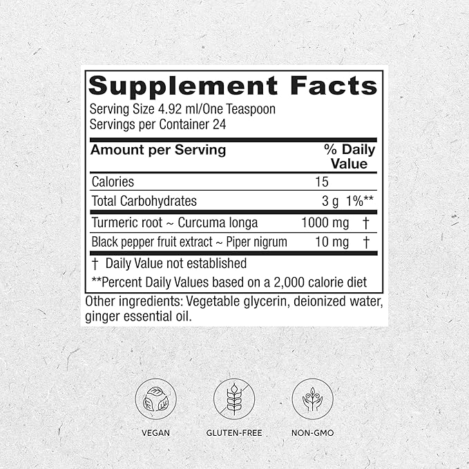 Vitanica, Turmeric Tonic, Non-GMO Liquid Turmeric Curcumin Supplement 1000 mg, with Black Pepper and Ginger, Antioxidant, Vegan, Gluten Free, 4 Ounce