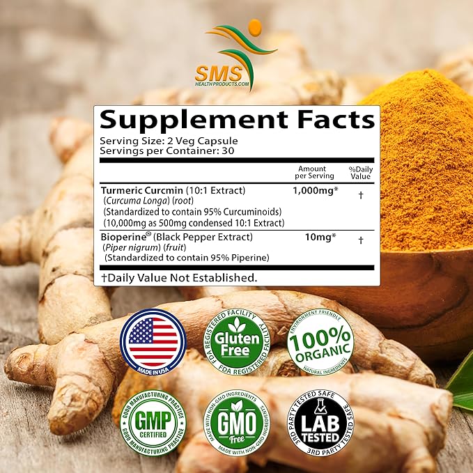 Turmeric Curcumin Supplement 1,000mg – 95% Curcuminoids with BioPerine® Black Pepper for Absorption – Vegan, Non-GMO, Made in USA – 60 Capsules