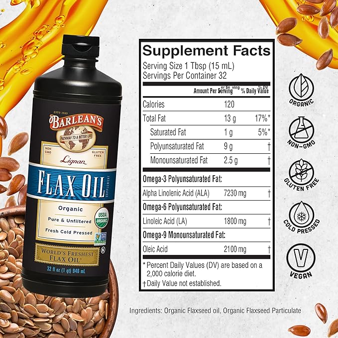 Barlean's Organic Lignan Flaxseed Oil Liquid Supplement from Cold Pressed Flax Seeds, 7,230 mg ALA Omega-3 Fatty Acids, Cold Press Flax Seeds, 32 oz