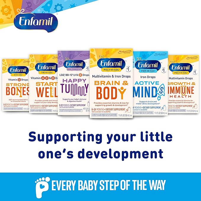 Enfamil Prenatals & Baby Vitamins Poly-Vi-Sol 8 Multi-Vitamins & Iron Supplement Drops for Infants & Toddlers, Supports Growth & Development, 50 mL Dropper Bottle (Pack of 2)