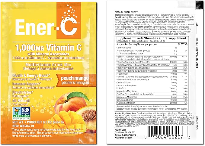 Ener-C Peach Mango Multivitamin Drink Mix Powder Vitamin C 1000mg & Electrolytes with Real Fruit Juice Natural Energy & Immune Support for Women & Men - Non-GMO Vegan & Gluten Free - 30 Count