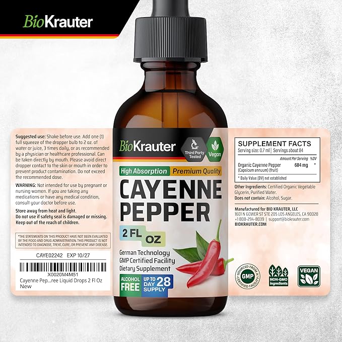 BIO KRAUTER Cayenne Pepper Drops - Liquid Cayenne Pepper Supplements - Natural Capsaicin Extract for Digestive Support - Pure Formula - Vegan Sugar & Alcohol Free - 2 Fl. Oz.