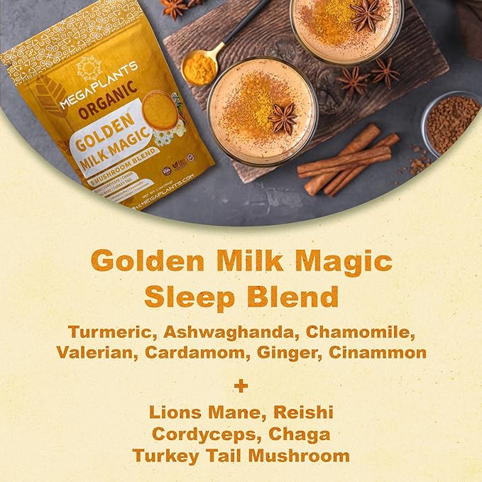 Golden Milk Magic (50 Servings) | Superfood 5 Mushroom Blend for Sleep, Relaxation, Relief | Turmeric, Ashwaghanda, Valerian, Chamomile + 5 Mushroom Blend | Smoothie, Hot Beverage