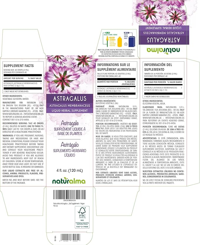 Naturalma Astragalus (Astragalus membranaceus) Root Alcohol-Free Tincture - 4 fl oz Liquid Extract in Drops - Herbal Supplement - Vegan