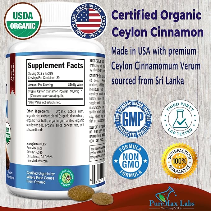 Organic Ceylon Cinnamon - 1000mg per Serving, Certified Organic True Cinnamon Supplement, antioxidant, Fast Absorption - 60 Tablets
