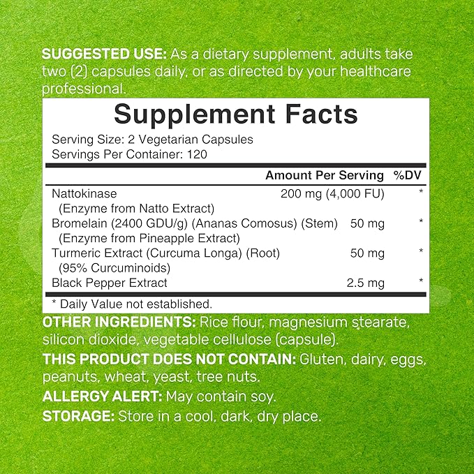 DEAL SUPPLEMENT Nattokinase 4,000 FU Per Serving, 240 Veggie Capsules – Bromelain, Turmeric Curcumin, with Black Pepper Complex – Heart Health & Digestive Enzymes – Non-GMO, Vegan