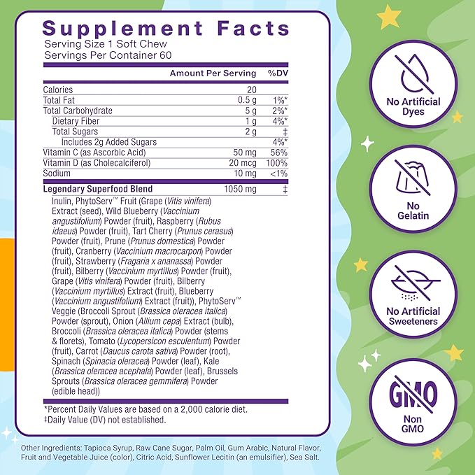 FORCE FACTOR Kids Superfood Super Chews, Kids Vitamins C & D, Immune Support Supplement with Antioxidant Support from Powdered Fruits & Veggies, 2-Month Supply, Very Berry Grape Flavor, 60 Soft Chews
