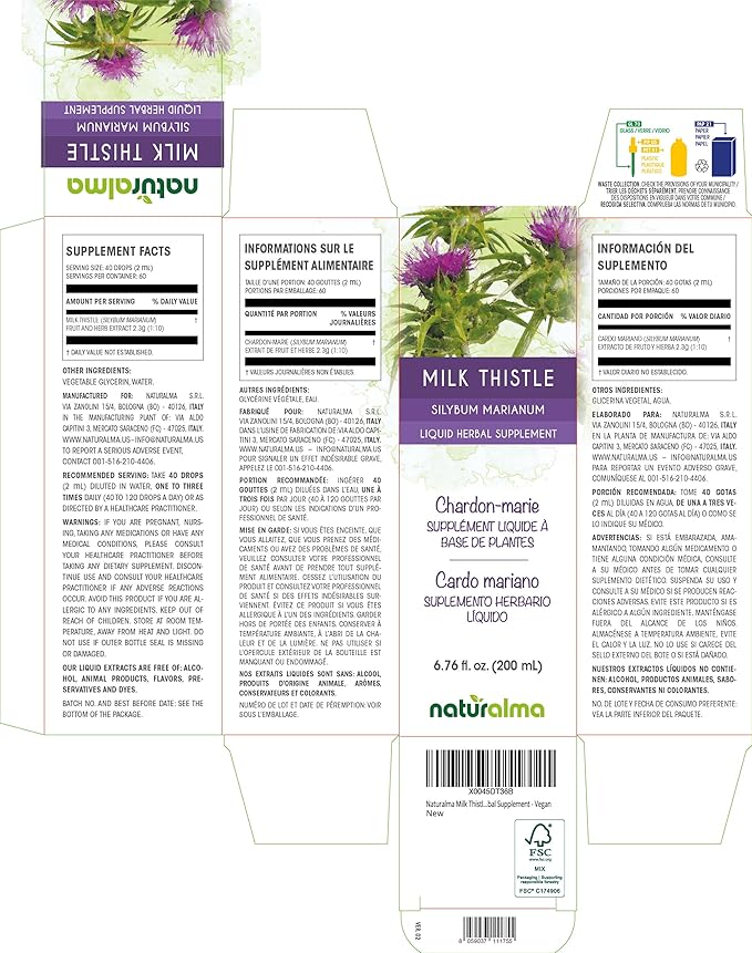 Naturalma Milk Thistle (Silybum marianum) Fruit and herb Alcohol-Free Tincture - 6.76 fl oz Liquid Extract in Drops - Herbal Supplement - Vegan