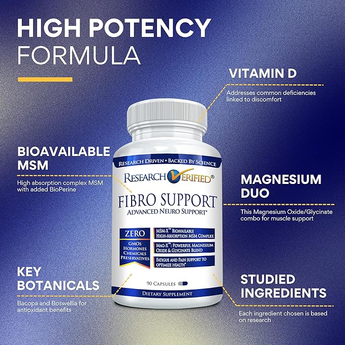 Research Verified Fibro Support - 540 Capsules - MSM, Magnesium, Vitamin D3, BioPerine - 6 Month Supply - Vegan