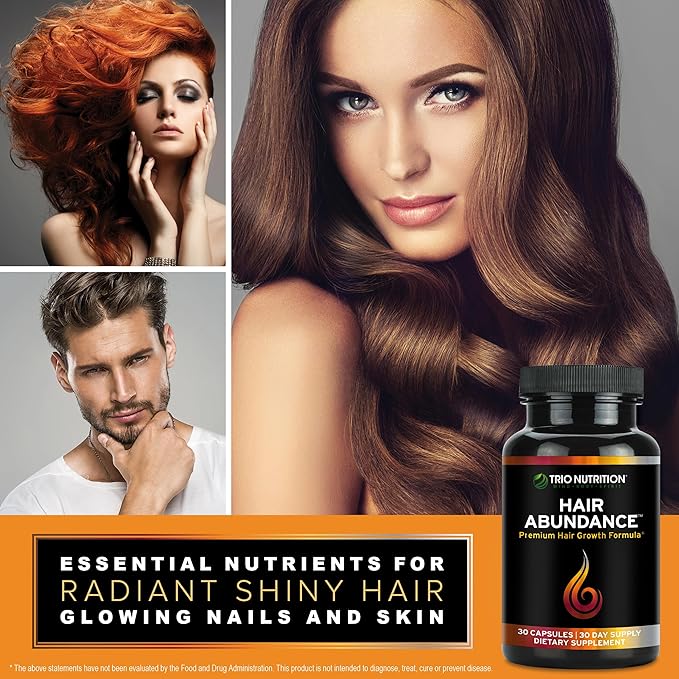 TRIO NUTRITION Hair Abundance | Natural Vitamin Supplement for Hair Growth, Strong Nails and Smooth Skin| Boosted with Collagen, Keratin, Zinc & Selenium | Biotin 10000mcg | 30 Day Supply