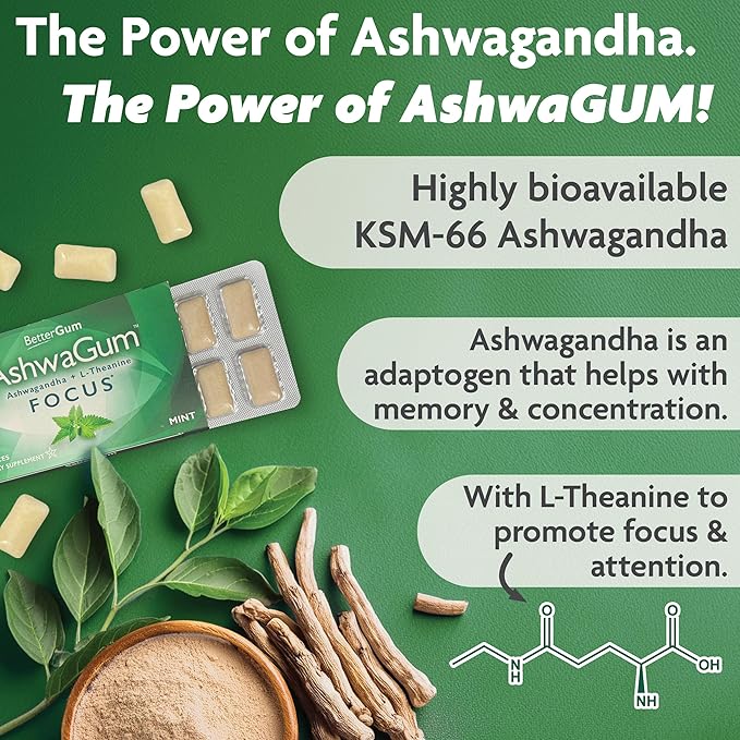 AshwaGum FOCUS Gum by BetterGum, High Potency Brain Supplement with KSM 66 Ashwagandha and L Theanine, Supports Concentration and Memory, Alternative to Gummies, Sugar-Free, 10 Pieces - 6 Pack