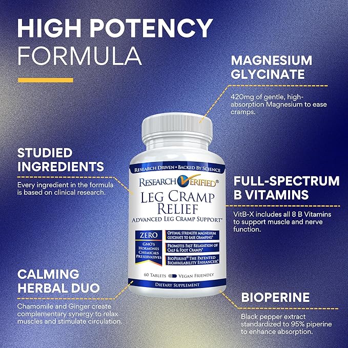 Research Verified Leg Cramps - Magnesium, B Vitamins, Ginger, Chamomile, BioPerine - Circulation Support - Vegan - 1 Month Supply
