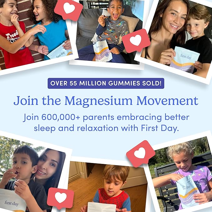 First Day Kids’ Nighttime Reset Calming Magnesium Gummies – Sleep Aid to Support Calm & Relaxation – Bedtime Supplement with Magnesium Citrate, Suntheanine & No Melatonin – 60-Day Supply
