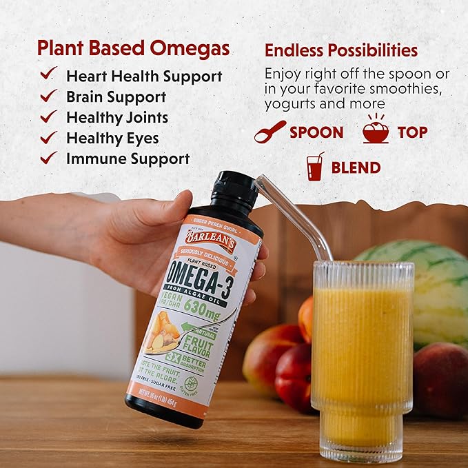 Barlean's Ginger Peach Vegan Omega 3 Supplement, Liquid Algae Oil with 630 mg EPA & DHA, Plant Based Omegas from Algal Oil, Non-GMO & Gluten Free, 16 oz