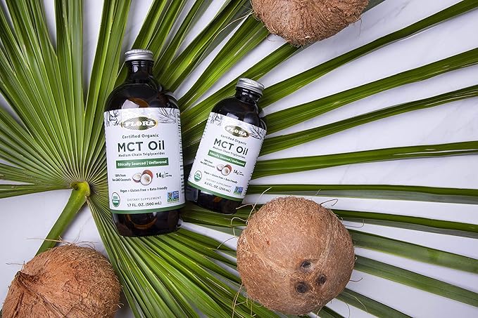 Flora - MCT Oil Certified Organic - Supports Muscle Energy & Brain Health - Contains C8 Caprylic Acid & C10 Capric Acid - Non-GMO, Gluten-Free, Vegan & Keto-Friendly - 17 fl. oz. Glass Bottle