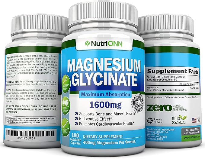 Magnesium Glycinate - 1600 mg - 180 Vegan Capsules - Maximum Absorption - Chelate Vegan Supplement - High Bioavailability - Great for Heart Health and Muscle Cramps
