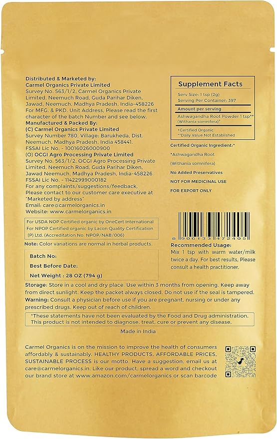 CARMEL ORGANICS Organic Ashwagandha Root Powder (28 Oz or 794g/1.75 Lbs) USDA Certified. Lab Tested, Non GMO & Gluten Free | Withania Somnifera from India