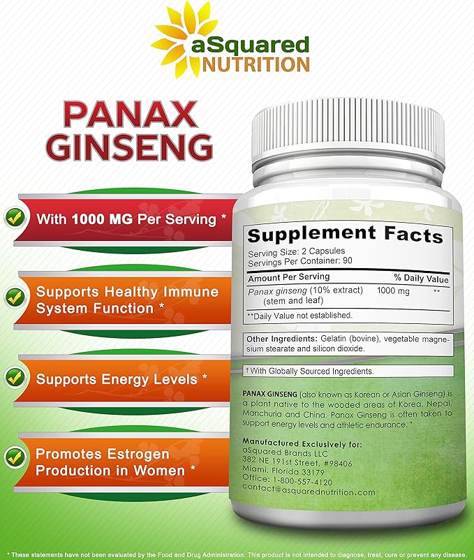 aSquared Nutrition Red Korean Panax Ginseng (1000mg Max Strength) 180 Capsules Root Extract Complex, Asian Powder Supplement, High Dosage Ginsenosides in Seeds, Tablet Pills for Women & Men-Sex Health