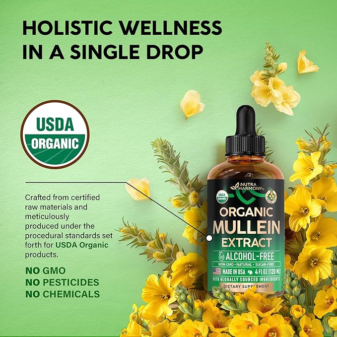 Mullein Drops for Lungs - USDA Organic Liquid - Mullein Leaf Extract Supplement - Made in USA - Lung & Bronchial Cleanse for Smokers - Respiratory Health Support - As Tincture, Tea, Pills - 4 fl oz