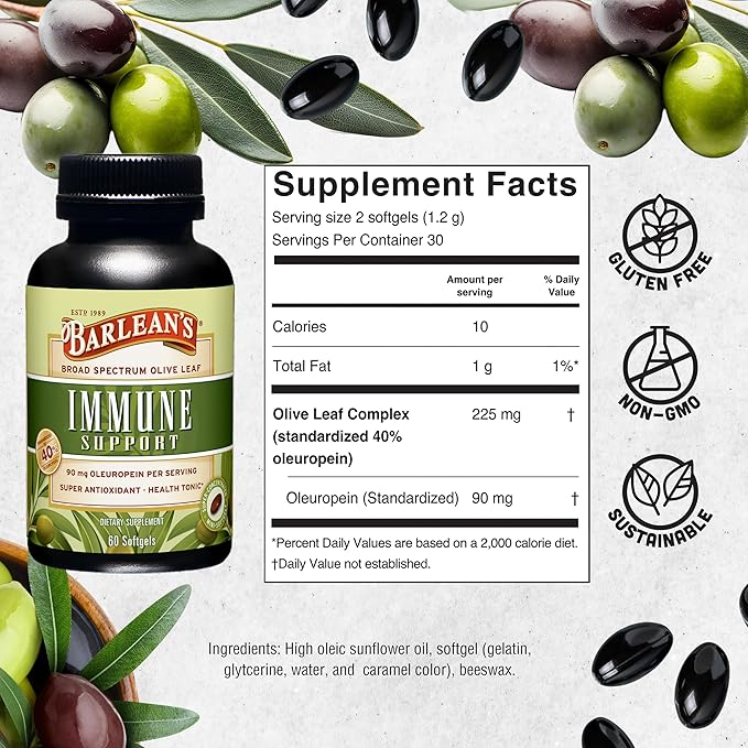 Barlean's Olive Leaf Complex Softgels Immune Support Supplement with 90 mg Oleuropein Antioxidants, Concentrated Heart Health and Immunity Booster Pills, 60 Count