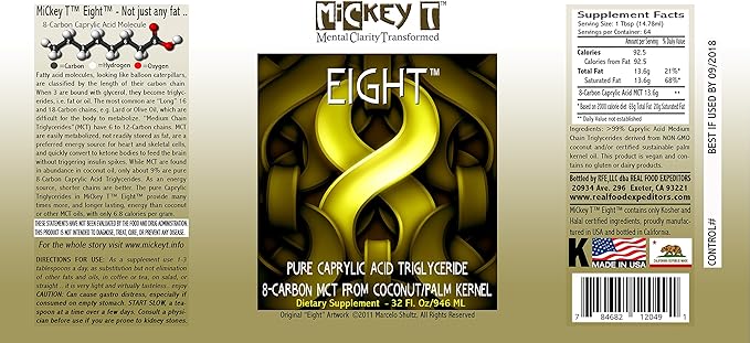 MiCkey T Eight 32oz - Pure C8 MCT Oil - Not a Blend – 100% C-8 Caprylic Acid - Keto Friendly – Vegan – Kosher - Made in USA – Non-GMO - from Coconut/Palm Kernel