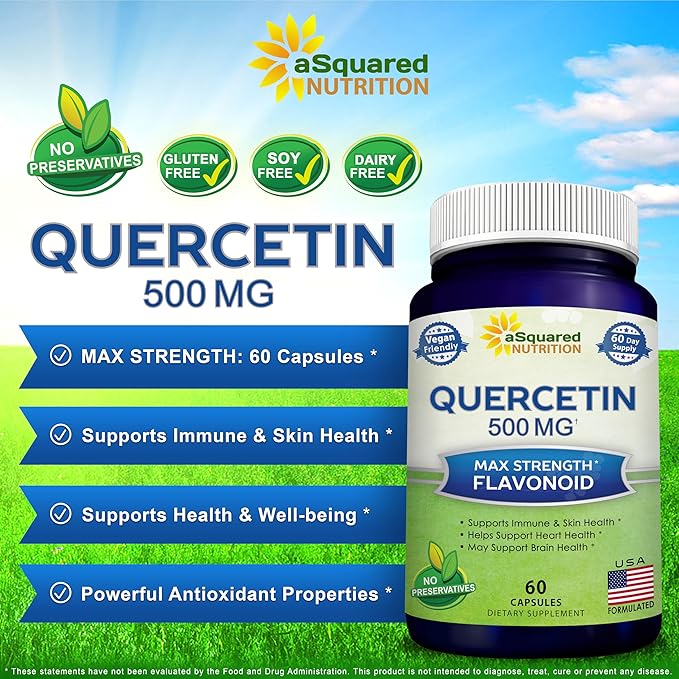 aSquared Nutrition Quercetin 500mg Supplement - 60 Capsules - Quercitin Dihydrate Powder Complex Pills to Support Immune Response & Cardiovascular Health - Pure & Max Strength