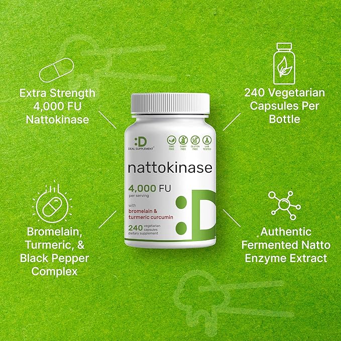 DEAL SUPPLEMENT Nattokinase 4,000 FU Per Serving, 240 Veggie Capsules – Bromelain, Turmeric Curcumin, with Black Pepper Complex – Heart Health & Digestive Enzymes – Non-GMO, Vegan