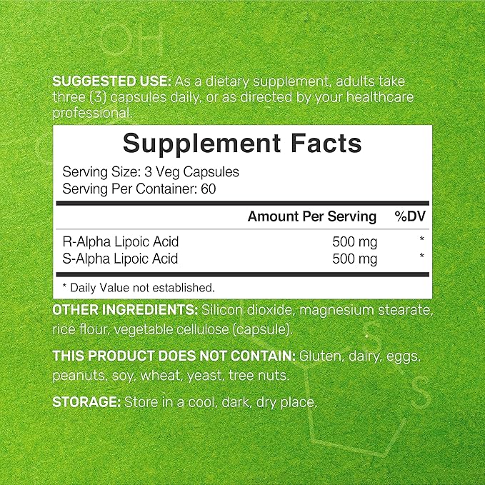 Alpha Lipoic Acid 1,000mg, 180 Veggie Capsules – 50/50 R-ALA & S-ALA for Max Bioavailability – Antioxidant Supplement – Energy & Nervous System Support – Non-GMO
