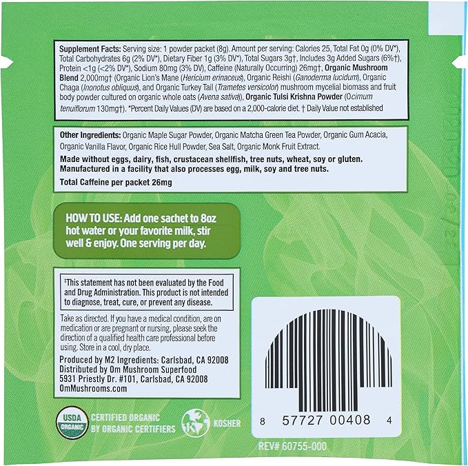 Om Mushroom Superfood Organic Mushroom Matcha Latte Blend, 0.28 OZ