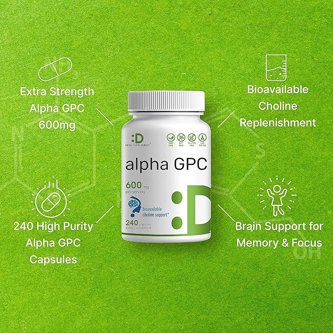 DEAL SUPPLEMENT Alpha GPC 600mg Per Serving, 240 Capsules – Bioavailable Choline Replenishment –Nootropic Brain Health Supplements for Memory and Focus – Non-GMO, Gluten Free