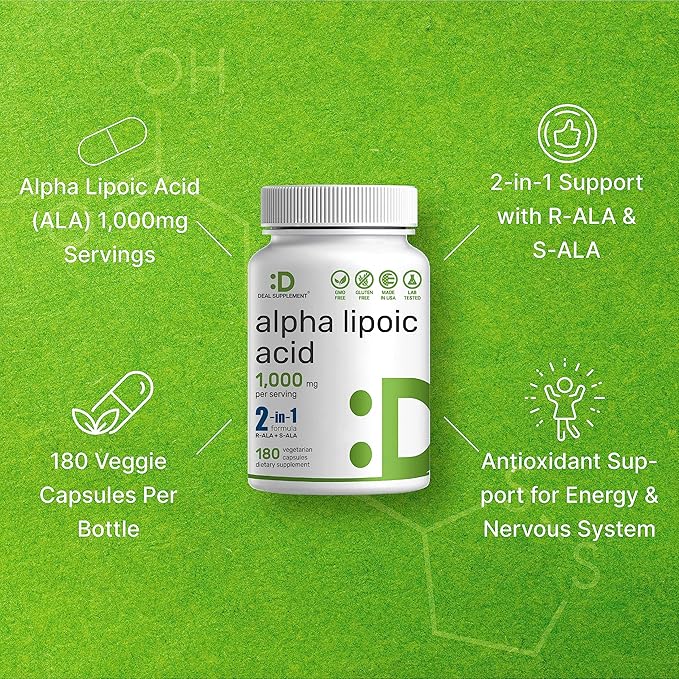 Alpha Lipoic Acid 1,000mg, 180 Veggie Capsules – 50/50 R-ALA & S-ALA for Max Bioavailability – Antioxidant Supplement – Energy & Nervous System Support – Non-GMO
