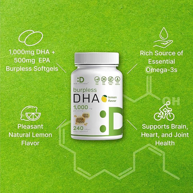 DHA Supplements | 240 Softgels, Burpless, Lemon Flavor, DHA 1000mg + EPA 500mg, Wild Caught Fish