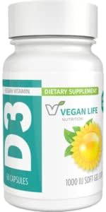 Vegan Life Nutrition - Vitamin D3 Daily Capsules for Adults (1000 IU) - Gluten-Free, Non-GMO, Supports Bone Health and Immune System - 60 Capsules